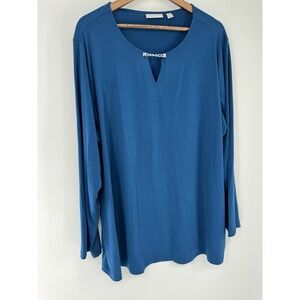 Susan Graver Tunic Top Size 3X Blue V-Neck Long Sleeve Blouse Silver chain